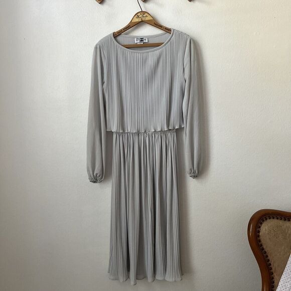 Vintage Dresses & Skirts - 60s silver pleat‎ womens dress midi blouson chiffon long sleeve disco retro M